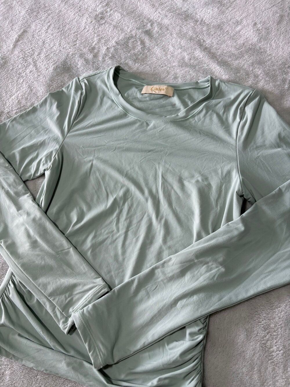 Long sleeve ruched top mint green fall winter work out gym athletic compression